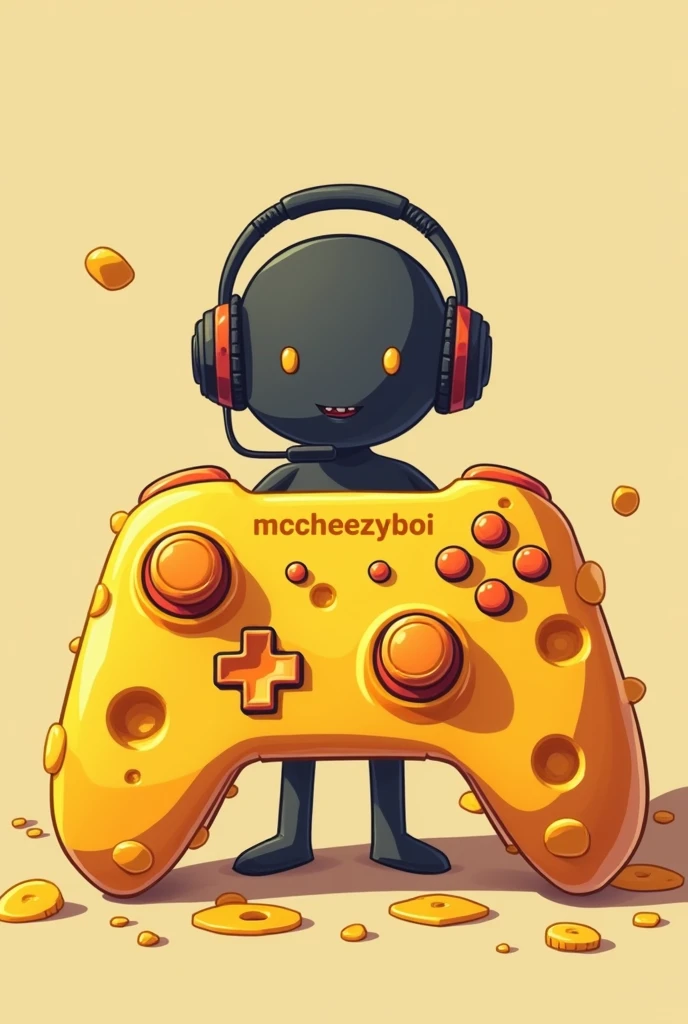 Game controller, made out of cheese, with a shadow guy in the background wearing a headset, says McCheezyboi underneath, cartoon image
