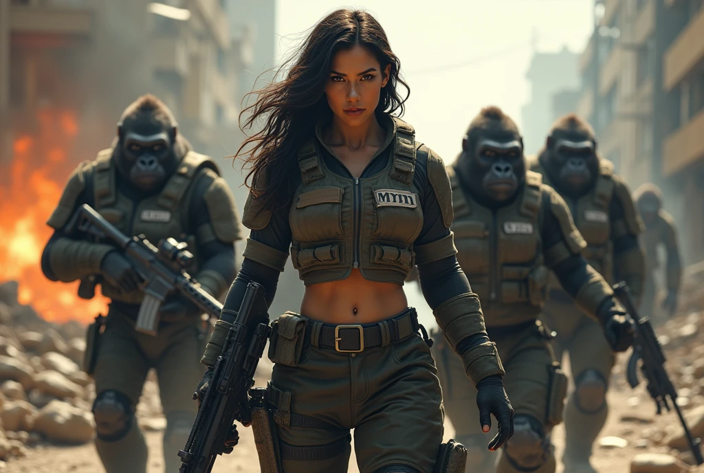 A strong woman in a war zone with a gun and an army of gorillas wearing tactical clothes that say MYM with weapons
