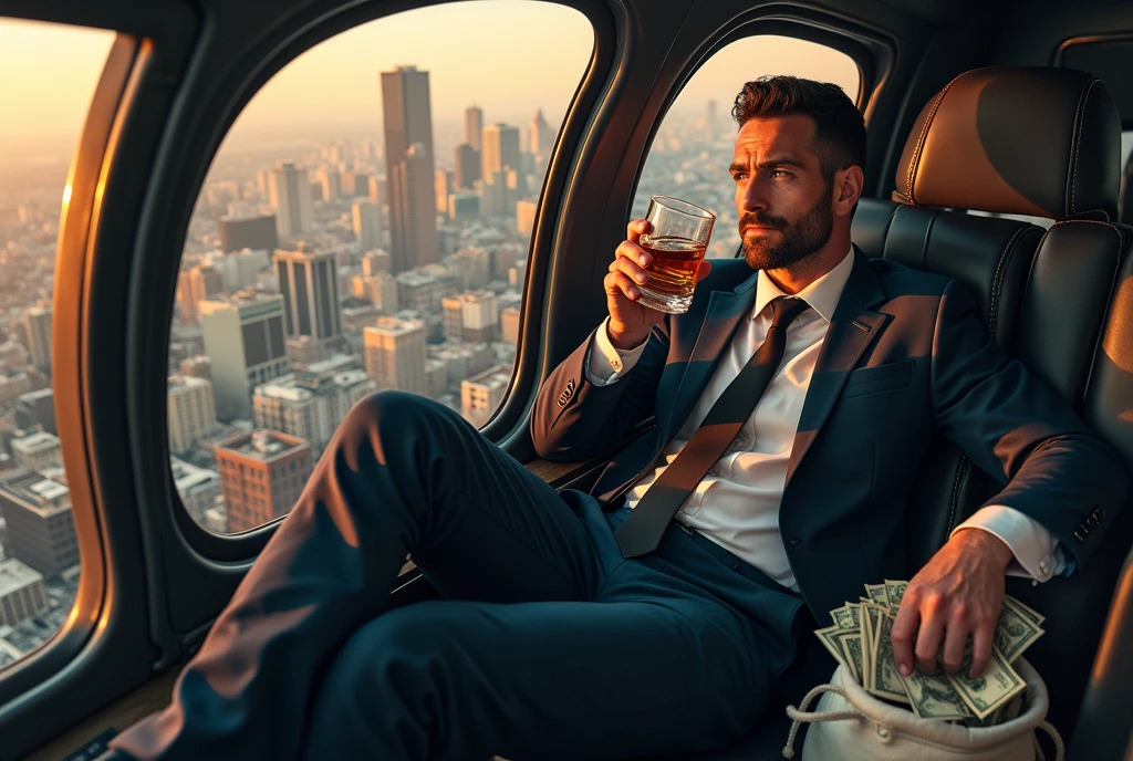 Man in a private helicopter: A man in a perfectly tailored suit is sitting in a private helicopter, flying over a bustling city. He holds a glass of whiskey, and there’s a bag full of dollar bills beside him. The helicopter's interior is luxurious, with leather seats and wood finishes.