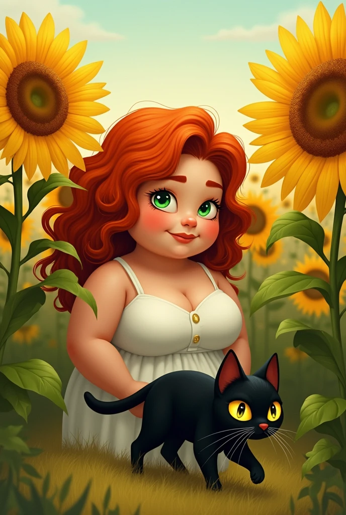 Red-haired and curly woman, white and fat, with green eyes in a field of sunflowers playing hide and seek with a black cat with bright yellow eyes.
