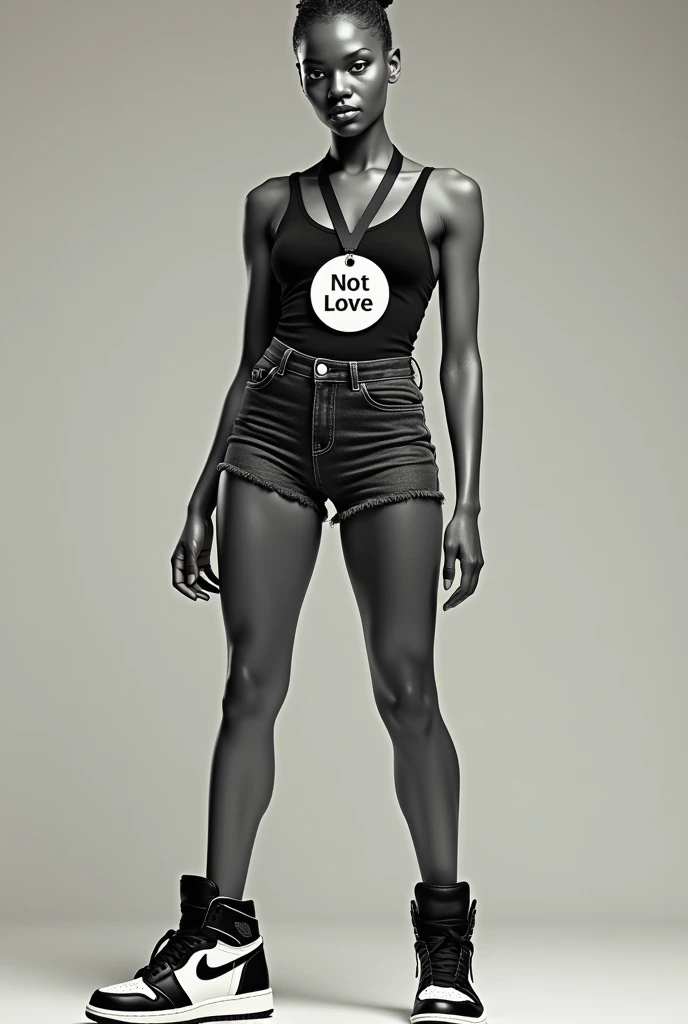 A silver Cuban woman with the medal that says NOT LOVE on top of a pair of black and white retro 1 Jordan sneakers