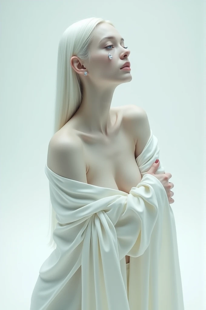 Create a naked ghost woman covered only by a thin fabric, leaving her statuesque naked body exposed