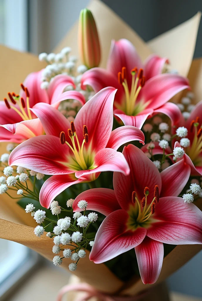 What would a bouquet of stargazer lilies look like with the baby&#39;s breath flower wrapped in Korean paper? 