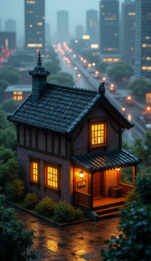 A house in the middle of the city and it was raining. 