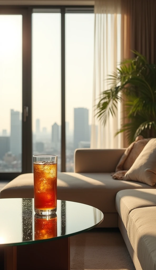 "A modern living room in a high-rise apartment, where the cool air from the air conditioner creates a refreshing oasis from the sweltering heat outside. The large windows are slightly fogged from the contrast in temperature, offering a hazy view of the sun-drenched city below. A plush couch sits invitingly in the center of the room, with soft cushions and a light throw blanket draped casually over the side. On a sleek glass coffee table, a cold glass of iced tea rests, droplets of condensation forming on the surface. The ambiance is one of immediate relief and comfort, capturing the pure satisfaction of escaping the oppressive heat and stepping into a perfectly cooled space."