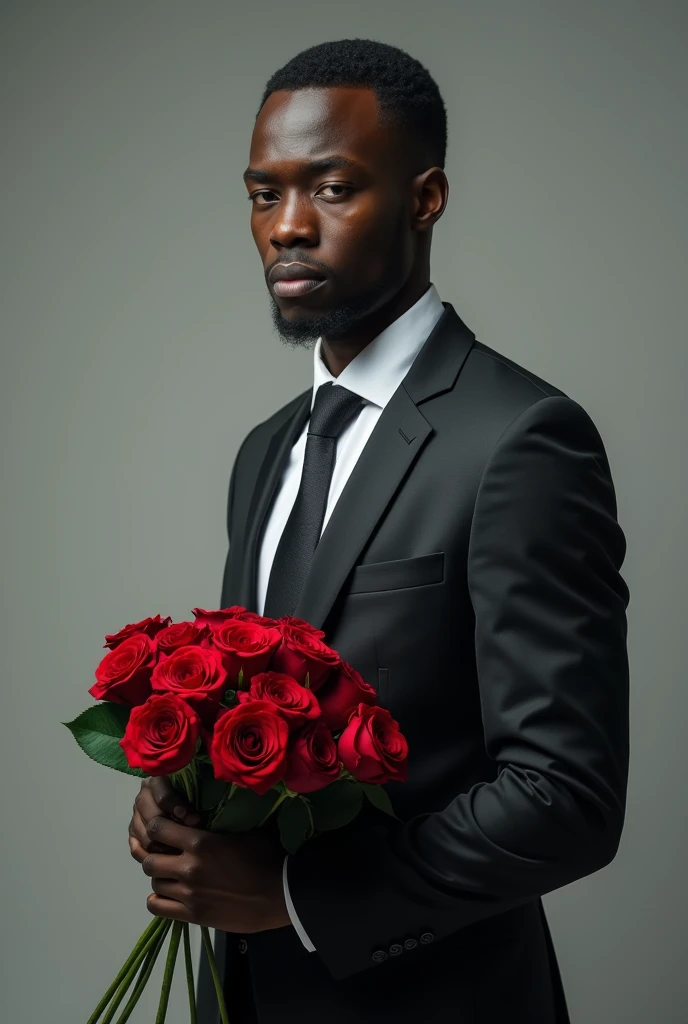 I want you to create me as an African man in a suit and tie holding a bouquet of roses., But it is noticeable that he is sad with the bouquet in his hand, Add to that that it's for a photo campaign and he's a model., that they are professional shots and from different angles