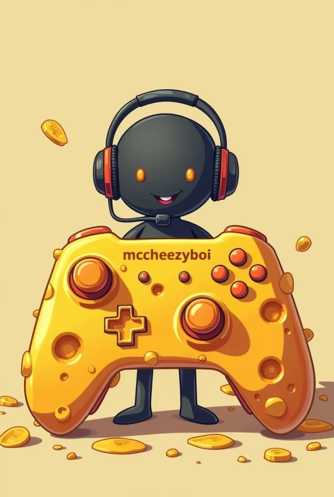 Game controller, made out of cheese, with a shadow guy in the background wearing a headset, says McCheezyboi underneath, cartoon image
