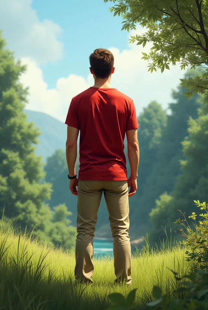 A tall man with short brown hair wearing a red t-shirt and beige pants from behind and with a natural landscape, with grass and forest behind. PICTURE REALISTIC.
