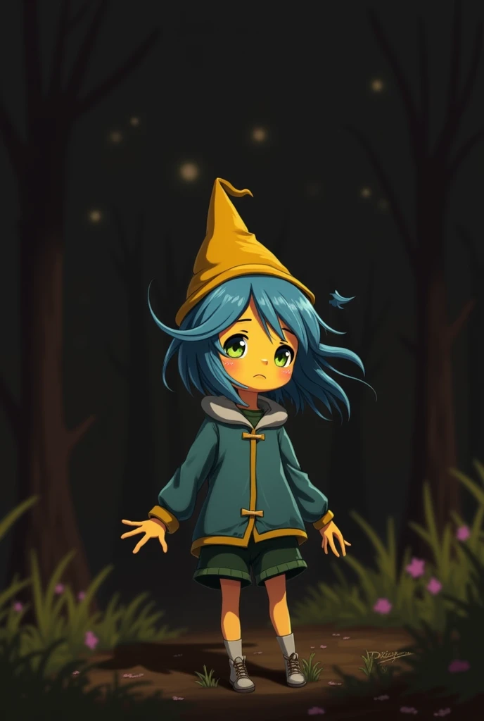 The girl has yellow skin, blue hair and a pointy yellow hat. (Make anime style)