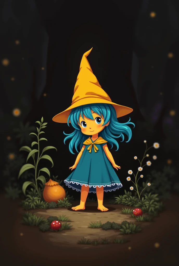 The girl has yellow skin, blue hair and a pointy yellow hat. (Make anime style)