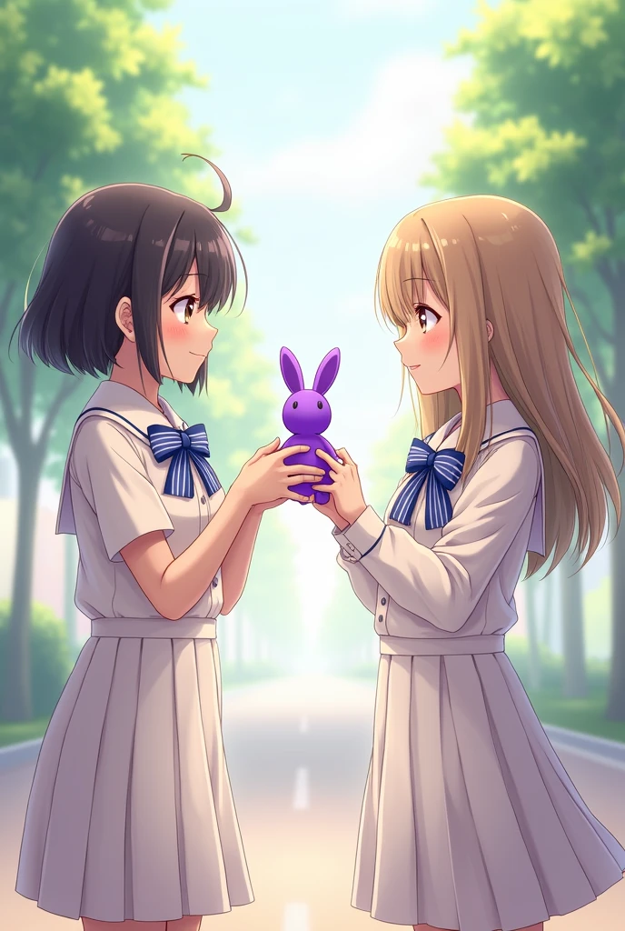 Short hair girl give purple colour rabbit keytag to long hair girl. They are in school play ground with their school uniform.they wear white frock uniform with blue and white line tie. short hair girl has very short haircut.
