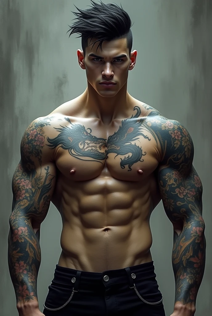 Create a young man with pale skin, seriously intimidating, with a very marked jaw and pronounced cheekbones. His body is athletic and he has a broad back as well as his shoulders.. He has tattoos all over his arms. (On one arm he has a complete dragon)
