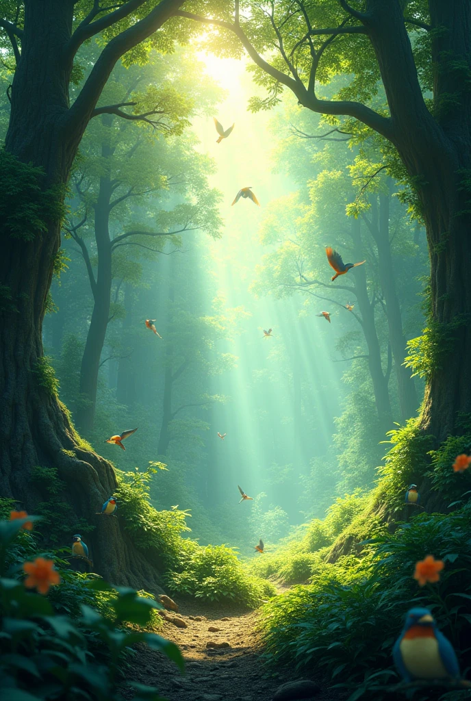 a big forest with birds and rays of light