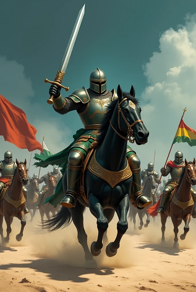 The image shows a knight on horseback, holding a large sword above his head. He is wearing a green helmet and armor, and is sitting on a black horse. The knight is holding the sword with both hands and appears to be in the middle of a battle. In the background, there are several other knights on horses, some of whom are holding flags and banners. The sky is blue and the ground is covered in sand. The overall mood of the image is tense and action-packed. The image is dark and mysterious