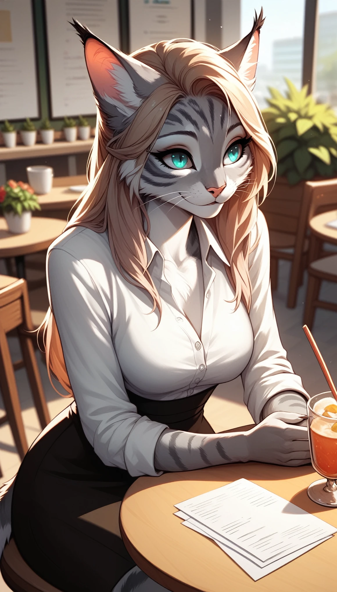 Furry, female cat, puss, office clothes ,sitting in a cafe, summer terrace, sits by the table, tilted her head slightly, long hair