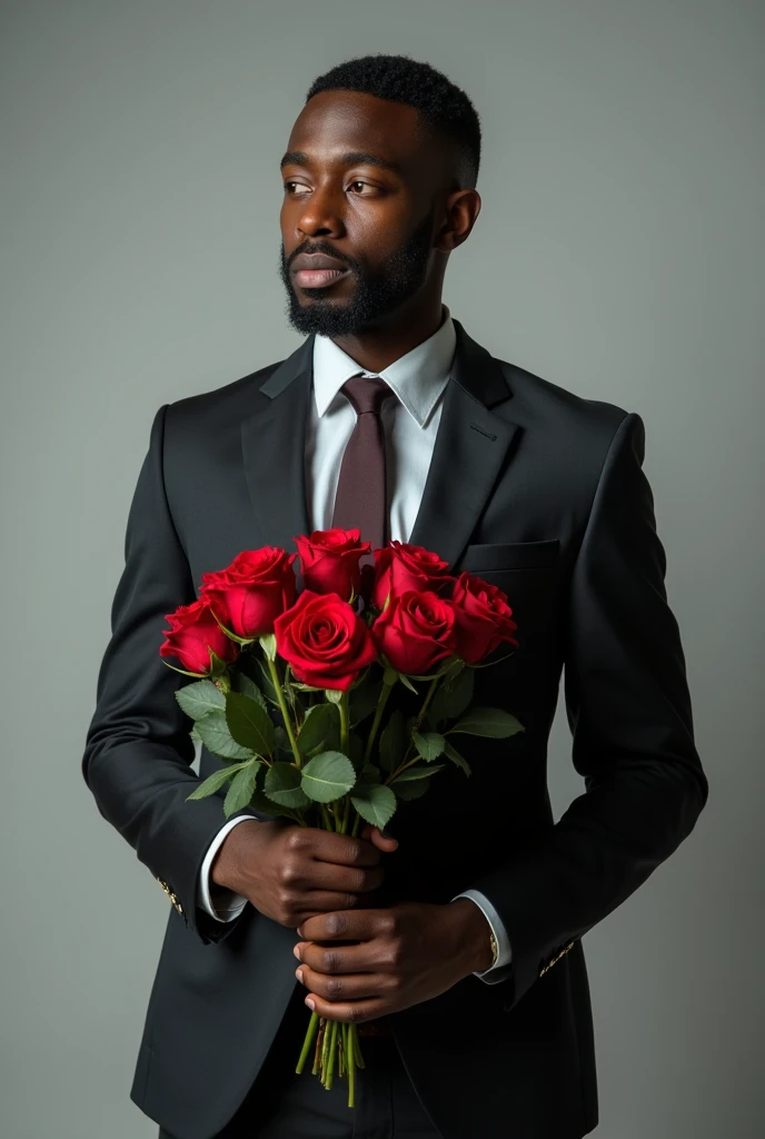 I want you to create me as an African man in a suit and tie holding a bouquet of roses., But it is noticeable that he is sad with the bouquet in his hand, Add to that that it's for a photo campaign and he's a model., that they are professional shots and from different angles