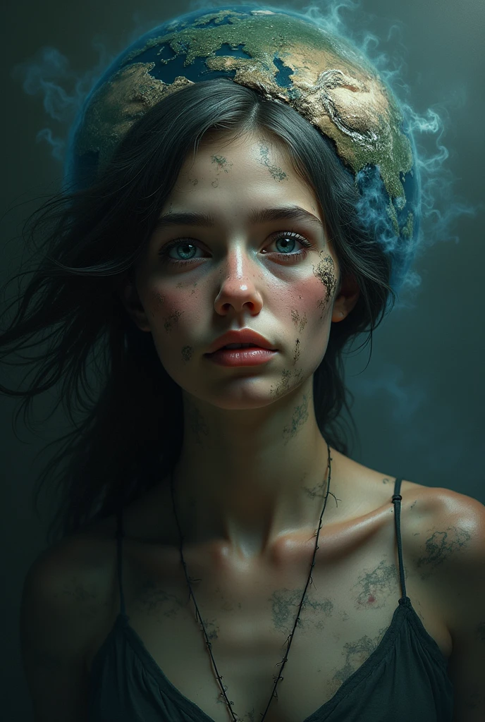 Represents the earth as a girl, that it is very noticeable that it is the earth , that looks very battered, with a black background with smoke, that it be like a painting more or less, and that it can be seen from the shoulders up