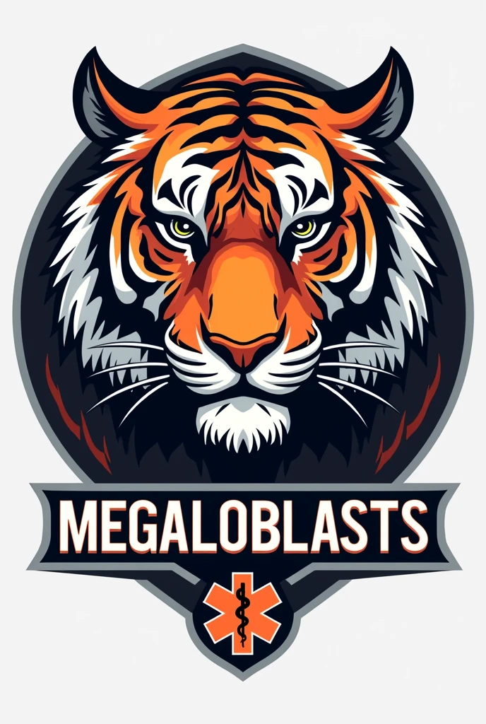 A tiger logo with the name megaloblasts , It has to be a logo related to medicine , Also add the medicine logo