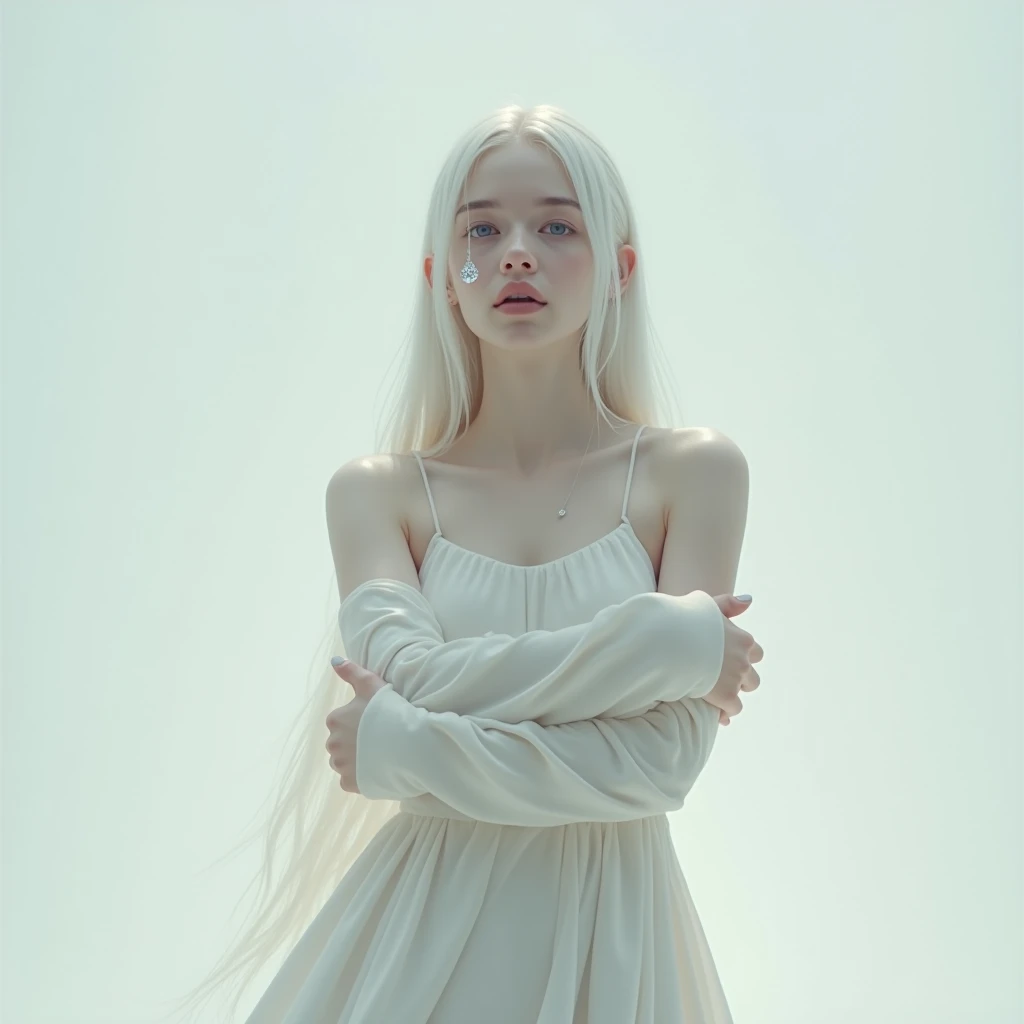 | A woman with long, straight white hair slicked back,| I want her without eyebrows in a very alternative setting,wearing a white silk dress,She gives a pose like She is hugging herself,| She will look up and a diamond tear will fall from her eyes,| I want the pearl white background,| I want her to be beautiful and for the image to convey an air of melancholy.
