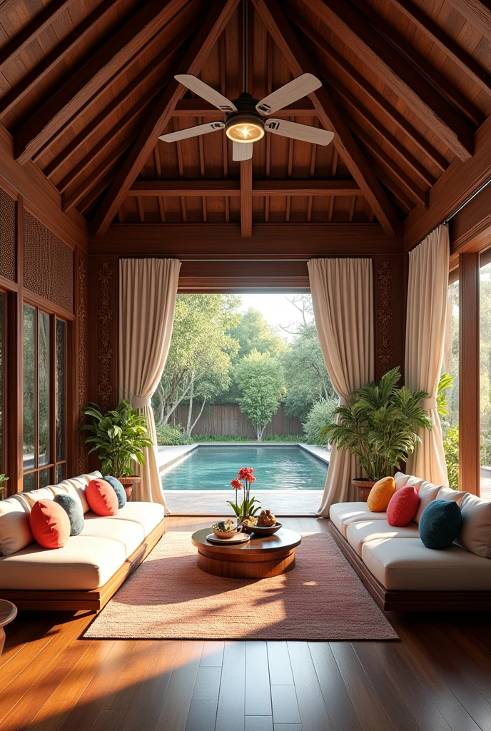 (masterpiece:1.2, Highest quality, Ultra-high resolution, Very detailed, Realistic, RAW Photos:1.2, Elaborate photos), 8k, wallpaper, (Ray Tracing), Thai mansion, (Spacious open-air living room with vaulted ceilings, Wooden beams and columns, Plush seating with vibrant cushions, Exotic hardwood floors, Carved wooden panels and sculptures, Large fans hanging from the ceiling, Flowing curtains, Views of the garden and pool), A photo that embodies the luxurious and relaxing atmosphere of a living room designed for open-air living, with intricate decor and natural elements creating a seamless blend between the indoors and the tropical outdoors.