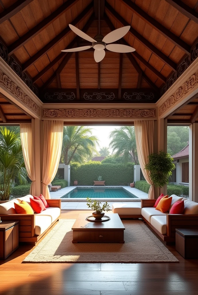 (masterpiece:1.2, Highest quality, Ultra-high resolution, Very detailed, Realistic, RAW Photos:1.2, Elaborate photos), 8k, wallpaper, (Ray Tracing), Thai mansion, (Spacious open-air living room with vaulted ceilings, Wooden beams and columns, Plush seating with vibrant cushions, Exotic hardwood floors, Carved wooden panels and sculptures, Large fans hanging from the ceiling, Flowing curtains, Views of the garden and pool), A photo that embodies the luxurious and relaxing atmosphere of a living room designed for open-air living, with intricate decor and natural elements creating a seamless blend between the indoors and the tropical outdoors.