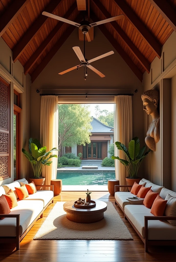 (masterpiece:1.2, Highest quality, Ultra-high resolution, Very detailed, Realistic, RAW Photos:1.2, Elaborate photos), 8k, wallpaper, (Ray Tracing), Thai mansion, (Spacious open-air living room with vaulted ceilings, Wooden beams and columns, Plush seating with vibrant cushions, Exotic hardwood floors, Carved wooden panels and sculptures, Large fans hanging from the ceiling, Flowing curtains, Views of the garden and pool), A photo that embodies the luxurious and relaxing atmosphere of a living room designed for open-air living, with intricate decor and natural elements creating a seamless blend between the indoors and the tropical outdoors.