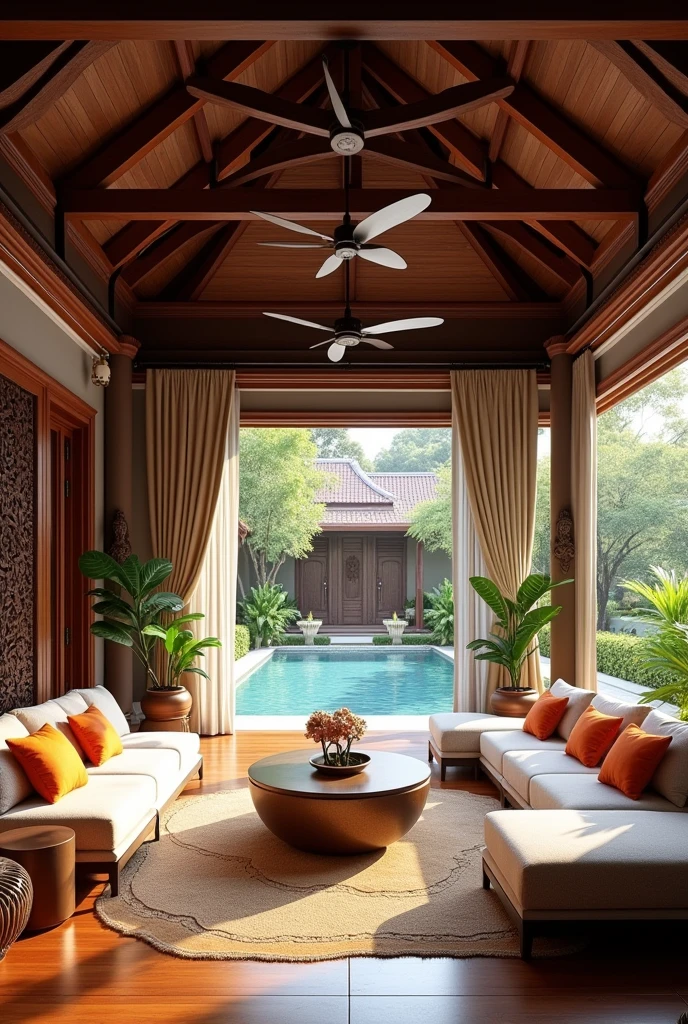 (masterpiece:1.2, Highest quality, Ultra-high resolution, Very detailed, Realistic, RAW Photos:1.2, Elaborate photos), 8k, wallpaper, (Ray Tracing), Thai mansion, (Spacious open-air living room with vaulted ceilings, Wooden beams and columns, Plush seating with vibrant cushions, Exotic hardwood floors, Carved wooden panels and sculptures, Large fans hanging from the ceiling, Flowing curtains, Views of the garden and pool), A photo that embodies the luxurious and relaxing atmosphere of a living room designed for open-air living, with intricate decor and natural elements creating a seamless blend between the indoors and the tropical outdoors.