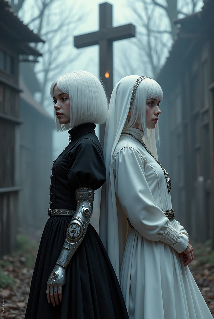 Two albino girls from the Middle Ages with white hair and soft violet eyes, back to back, with the one on the left having short hair wearing black alchemist clothes and her left arm having a steampunk prosthesis with a pentagram., and girl on the right in white nun clothes, and a cross necklace, facing an execution at the stake.