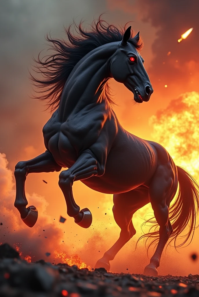 Erstelle ein Bild mit einem black
angreifenden aggressiven mächtigrn zugpferd hengst
mit übertriebenen herausstehenden Muskeln und Adern und feuerroten Augen, which stands on its hind legs and stretches its front hooves high in the air. black, carbonizing, flames ground in stomps. The background should be a flaming inferno so that you can see the heat. Rockets can be seen in the sky. A lettering below: Engagement OPS
