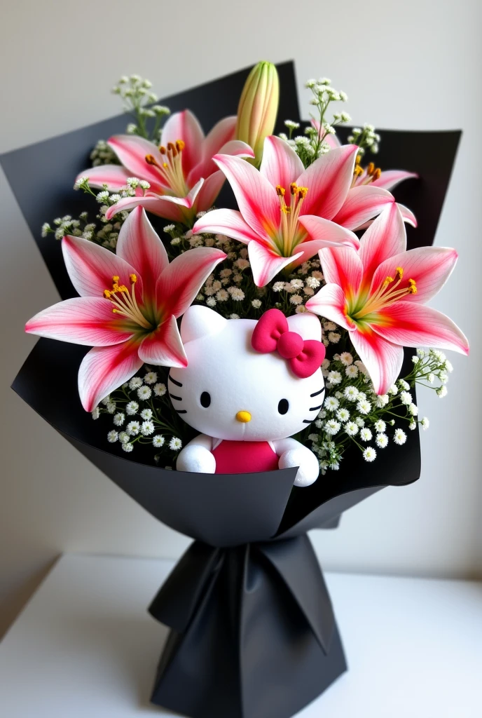 How would a bouquet of stargazer lilies look like with the baby's breath flower wrapped in black Korean paper and a Hello Kitty stuffed animal in the middle?