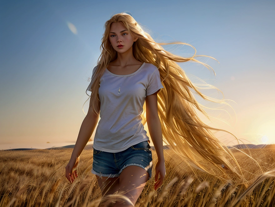 A natural blonde girl is walking in a vast wheat field she is white skinny and is wearing a loose black t-shirt that goes down to her thighs, her long, extremely long, blonde hair flies in the wind, stretched back, her blue eyes stand out, the sunshine illuminates your ((golden looking hair)) glimmering, the blue sky and the vast endless wheat field in the background, a realistic detailed photo style image with good lighting depth HDR effect.