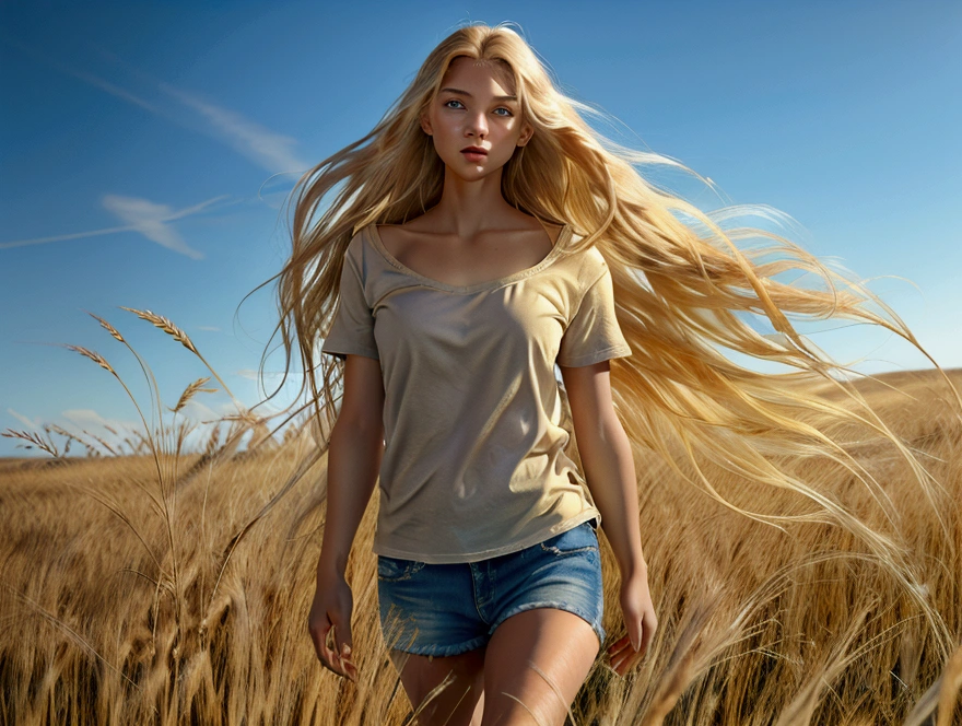 A natural blonde girl is walking in a vast wheat field she is white skinny and is wearing a loose black t-shirt that goes down to her thighs, her long, extremely long, blonde hair flies in the wind, stretched back, her blue eyes stand out, the sunshine illuminates your ((golden looking hair)) glimmering, the blue sky and the vast endless wheat field in the background, a realistic detailed photo style image with good lighting depth HDR effect.