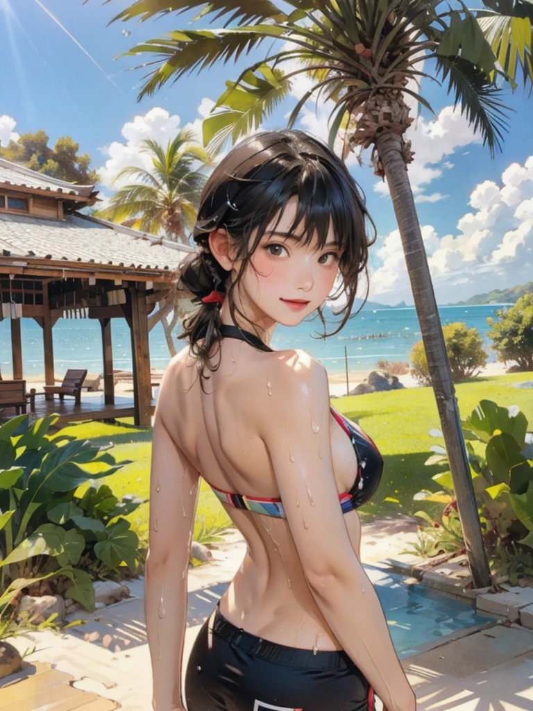 ((highest quality, masterpiece, High resolution)), ((reality)),Photos of beautiful Japanese women,((anime art))、 (((1 girl))), normal size breasts, slim body shape, long ponytail,double eyelid, Wet see-through bikini,Clean abs, A pareo with bold ethnic patterns and plenty of primary colors、(Brown skin:1.4),realistic skin、Wet,whole body,cinematic light、tropical、Against the background of palm trees on both sides、on a sunny beach、With the sea in the background、blur background、smile