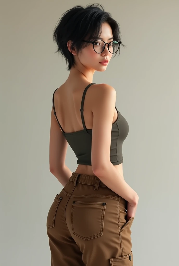 HD real girl with glasses, short hair, y brackets, in brown cargo pants, full body and back showing her ass