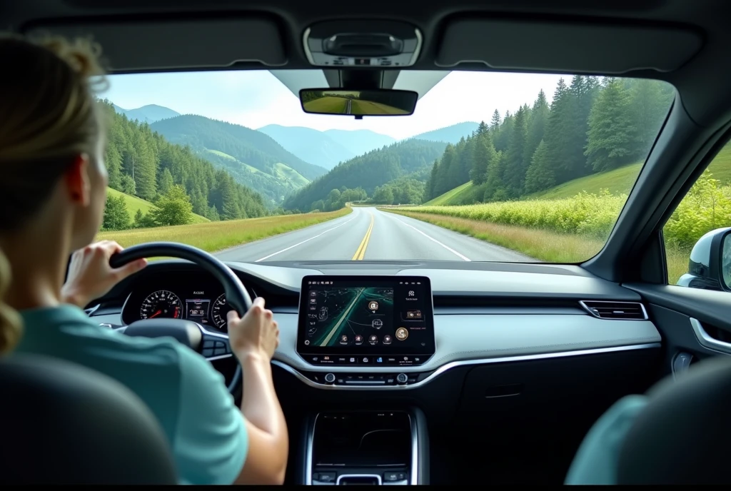 inside of a car with a road on the windshield, without a pilot driving.
