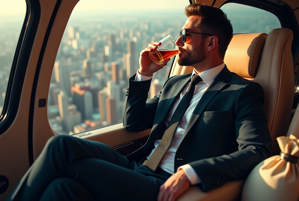 Man in a private helicopter: A man in a perfectly tailored suit is sitting in a private helicopter, flying over a bustling city. He holds a glass of whiskey, and there’s a bag full of dollar bills beside him. The helicopter's interior is luxurious, with leather seats and wood finishes.