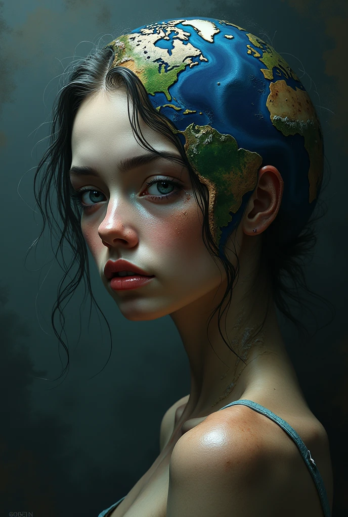 Represents the earth as a girl, that it is very noticeable that it is the earth , that looks very battered, with a black background with smoke, that it be like a painting more or less, and that it can be seen from the shoulders up