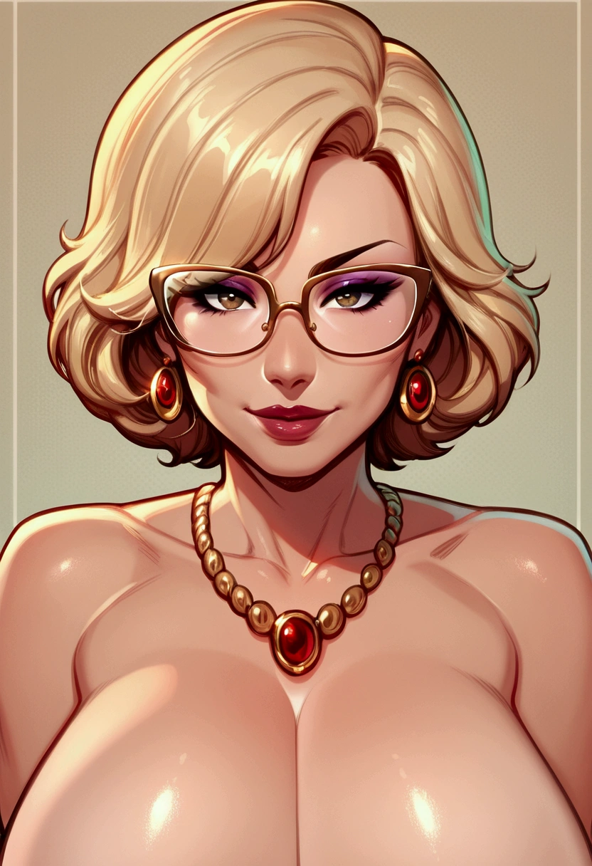 score_9, score_8_up, score_7_up, score_6_up, score_5_up, score_4_up, BREAK 1girl, intricate, completely naked, (eyeliner:1.2), looking at viewer, bob hairstyle, blonde, jewelry, detailed background,huge breasts (masterpiece, high quality:1), Short hair , brown hair, milf, glasses, smiling face