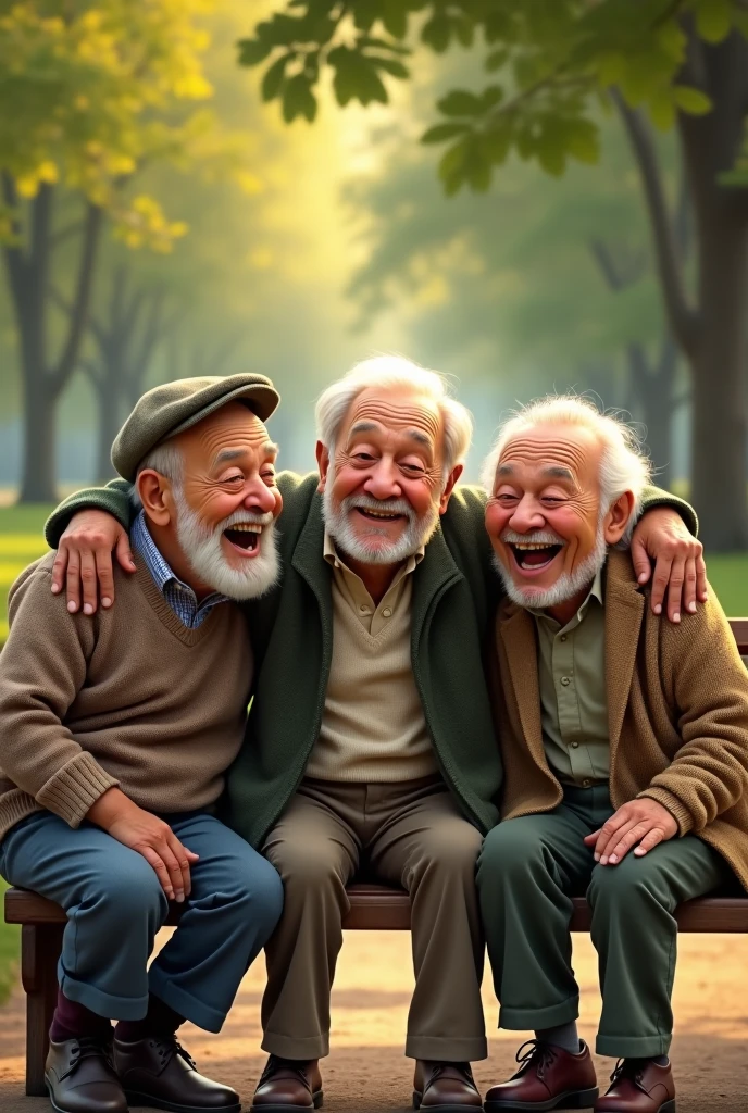 3 grandpa laughing on a bench in the park