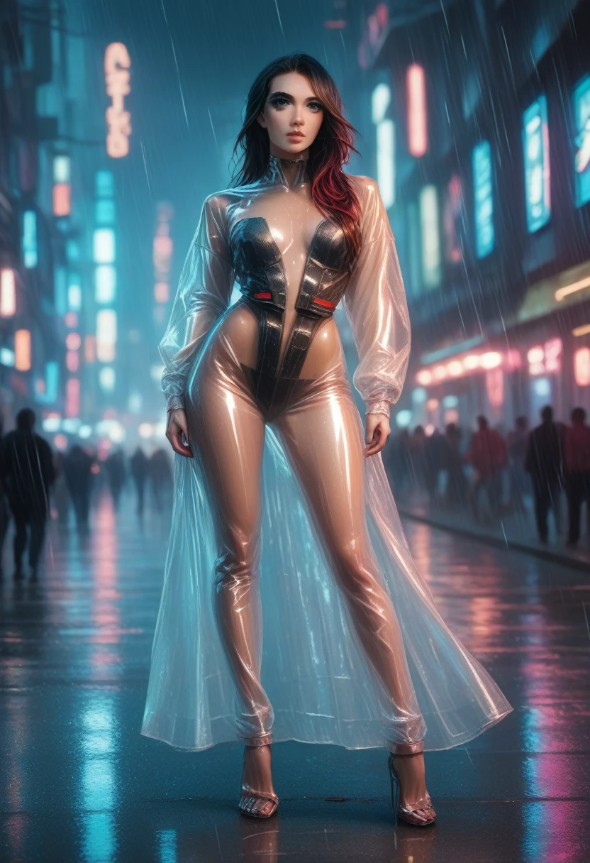 ((translucent clothes)), ((cyberpunk)), full body view, a cyberpunk girl wearing translucent futuristic clothes, beautiful detailed eyes, beautiful detailed lips, extremely detailed face, long eyelashes, cyborg implants, neon lights, rainy city background, cinematic lighting, dramatic atmosphere, vibrant colors, realistic, photorealistic, 8k, high resolution, intricate details, masterpiece