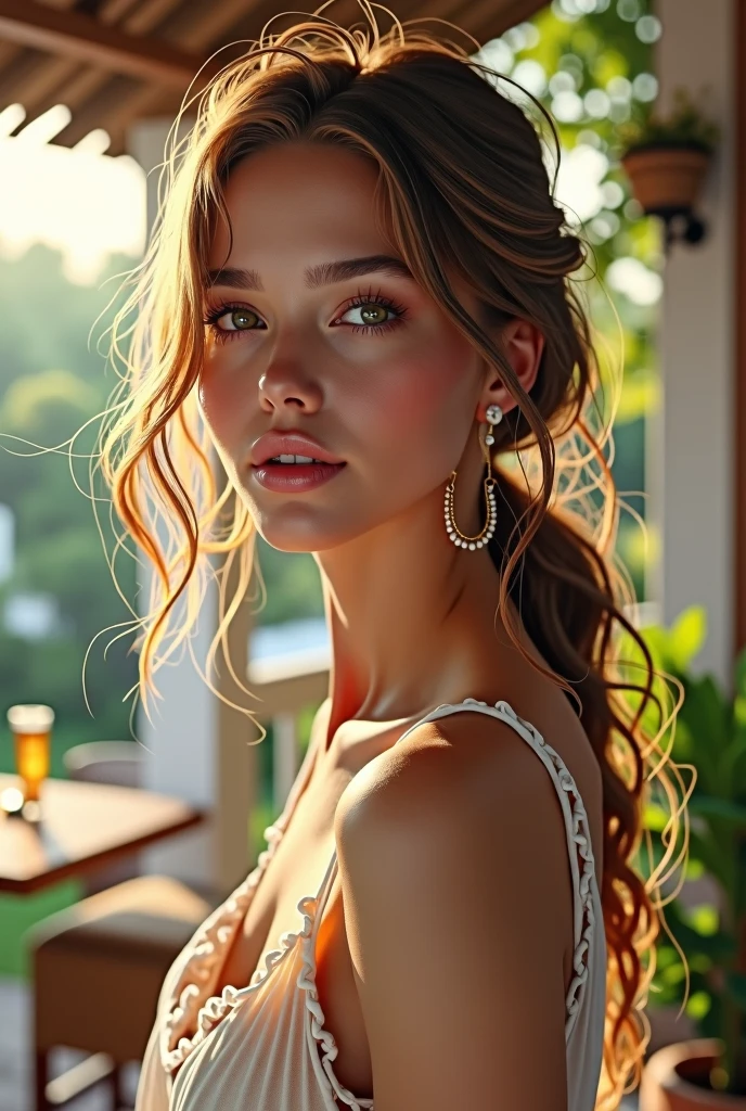 masterpiece, Highest quality, Realistic, Very detailed, Finer details, High resolution, 8k wallpaper, One beautiful woman,Wear a nice blouse, On the terrace of a lovely cafe, at noon, Light brown messy hair, Perfect dynamic composition, Beautiful and beautiful eyes、Big earrings、Sleeveless shirt、