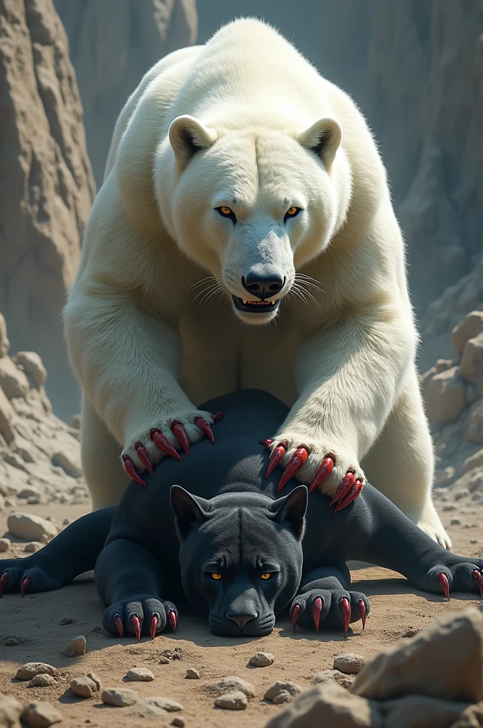 White bear standing on a dead black panther that it fought