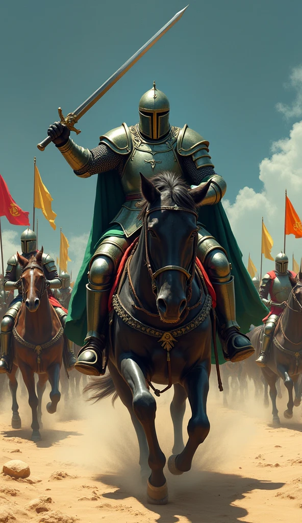 The image shows a knight on horseback, holding a large sword above his head. He is wearing a green helmet and armor, and is sitting on a black horse. The knight is holding the sword with both hands and appears to be in the middle of a battle. In the background, there are several other knights on horses, some of whom are holding flags and banners. The sky is blue and the ground is covered in sand. The overall mood of the image is tense and action-packed. The image is dark and mysterious