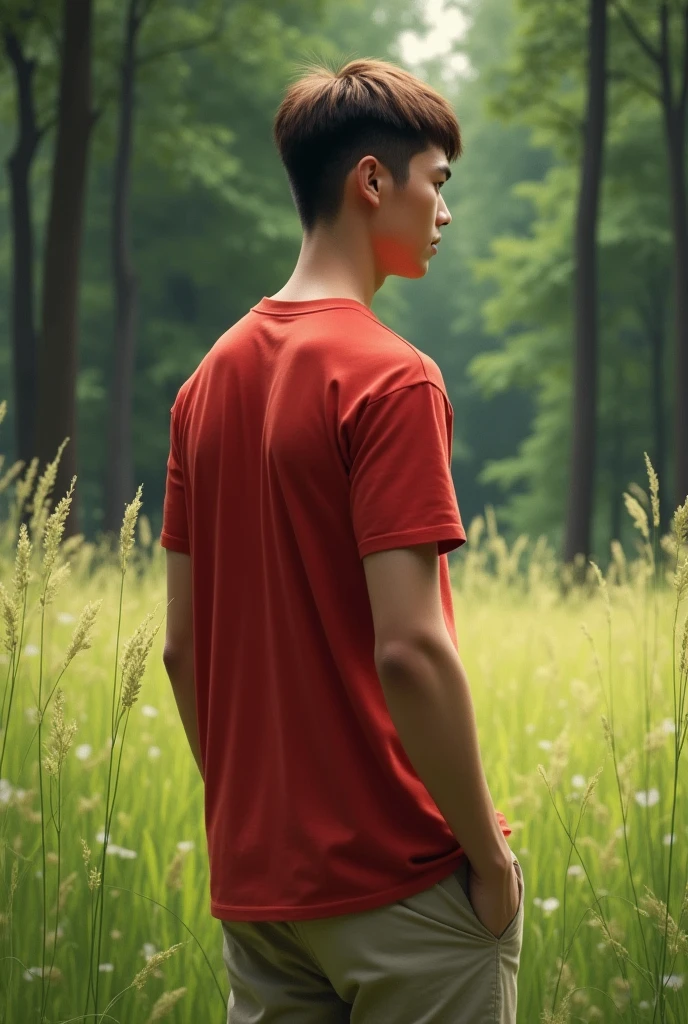 A tall, thin man with short brown hair wearing a red t-shirt and beige pants with his back against a natural landscape, with grass and forest behind. PICTURE REALISTIC.