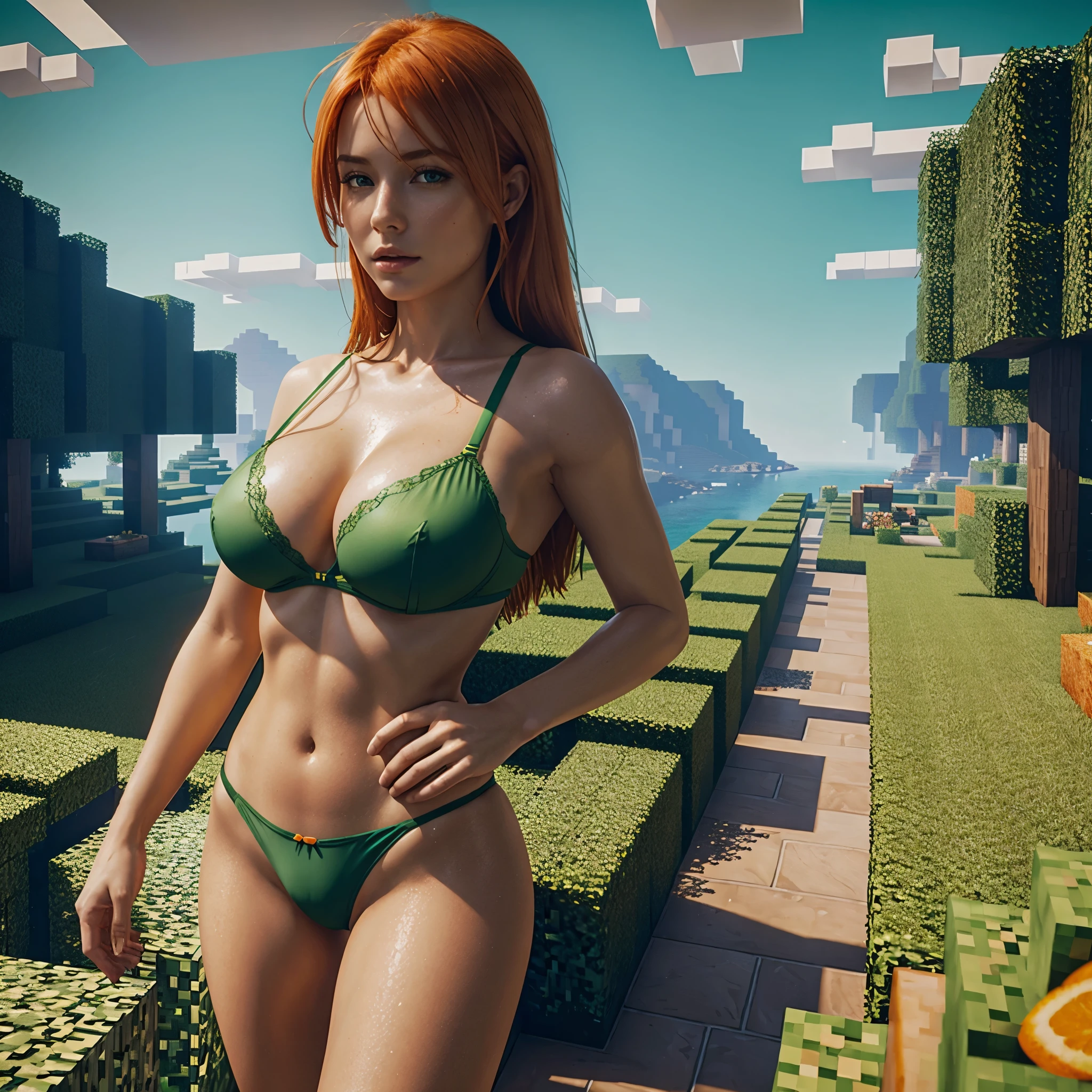 European orange haired woman, green bra and brown thong panties, oiled body, Big oiled shiny breasts and buttocks, Hyperrealism, minecraft landscape background