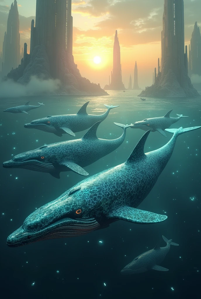 A group of whales with mystical and futuristic characteristics in a mysterious environment at a light-toned sunset