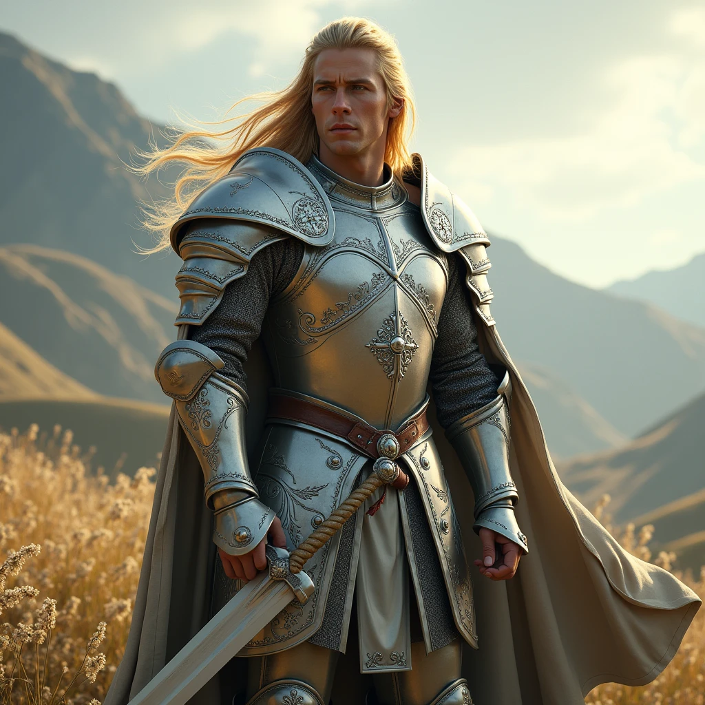 A strong young man in a silver plate armour with long blond hair using a sword 1920x1080p
