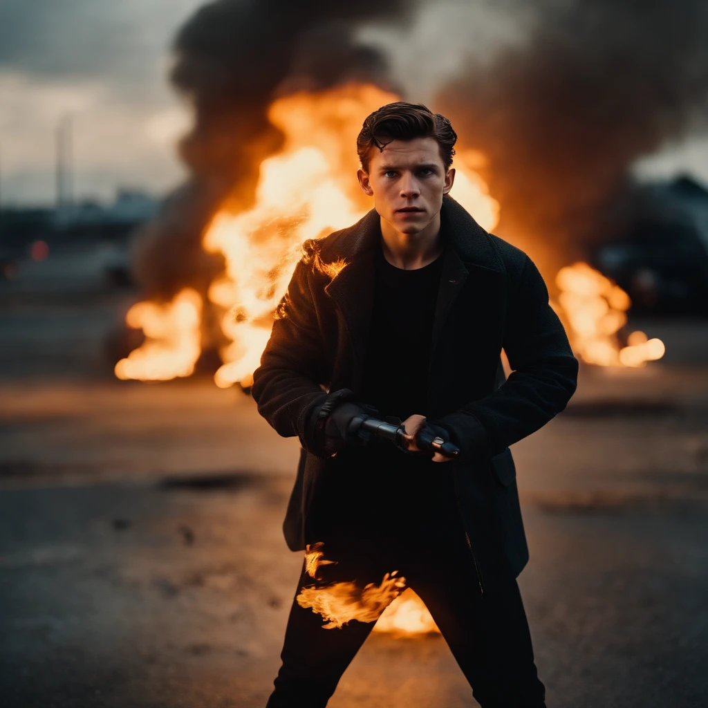 Tom Holland being a age mutant with fire powers dressed as an X-Men in a black suit, setting fire to a parking lot of abandoned cars.