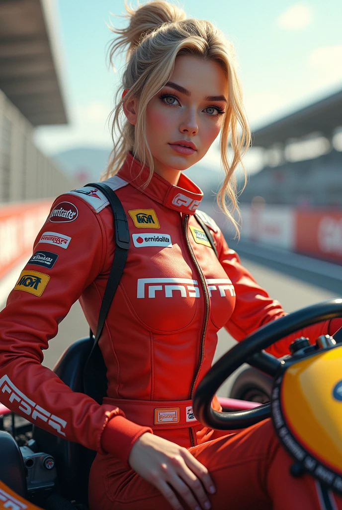 A blonde woman in a kart outfit