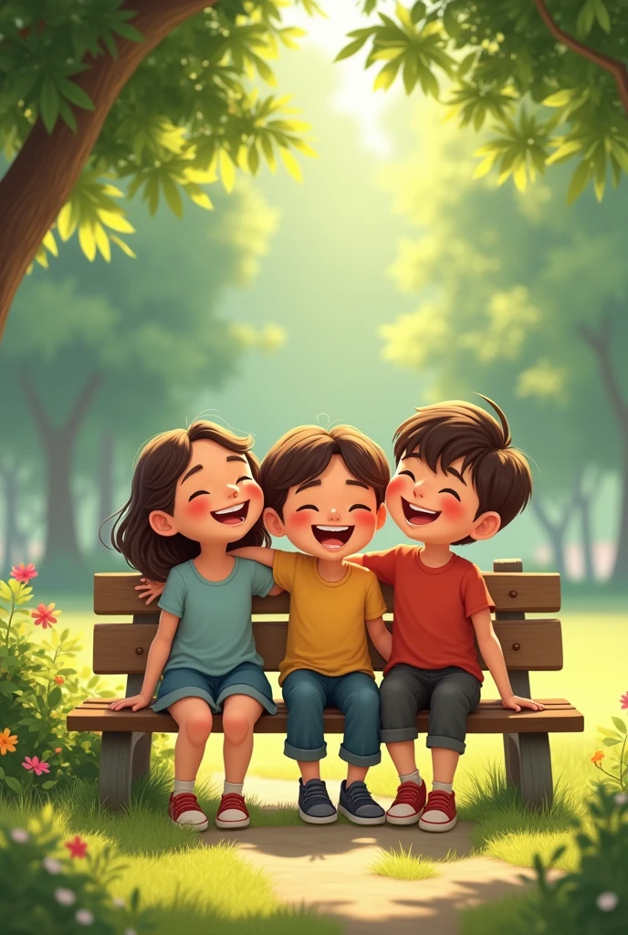 3 children laughing on a bench in the park